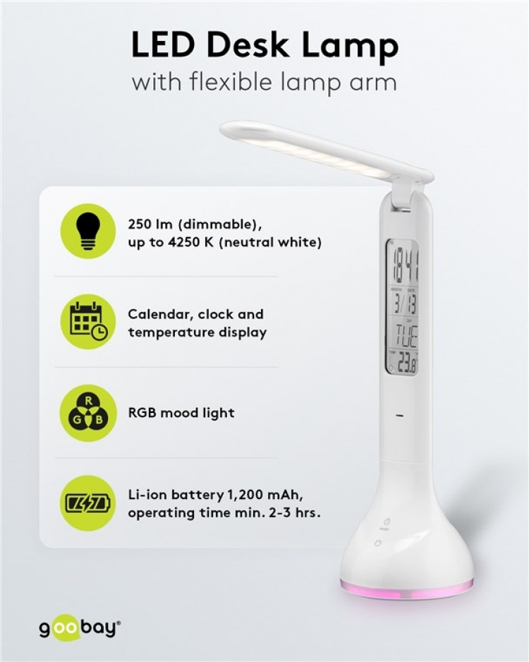 Goobay LED-bordlampe Mood Light + Kalender Innendørsbelysning for arbeidsrom, barnehage, soverom eller kontor