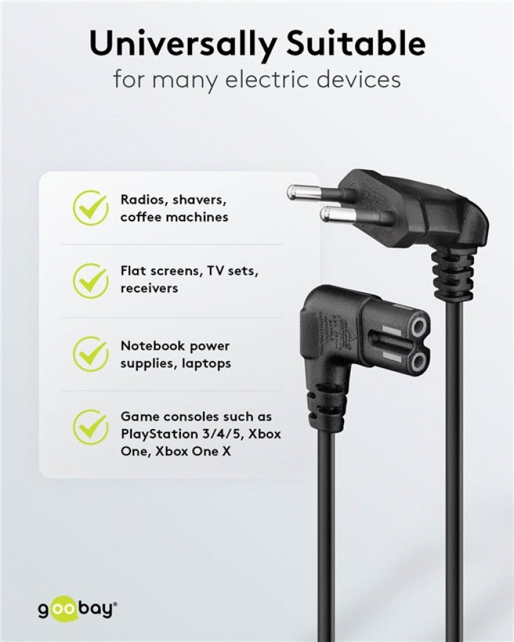 Goobay Tilkoblingskabel Euro-plugg vinklet i begge ender, 0,3 m, svart Euro-plugg (type C, CEE 7/16) > apparatkontakt C7