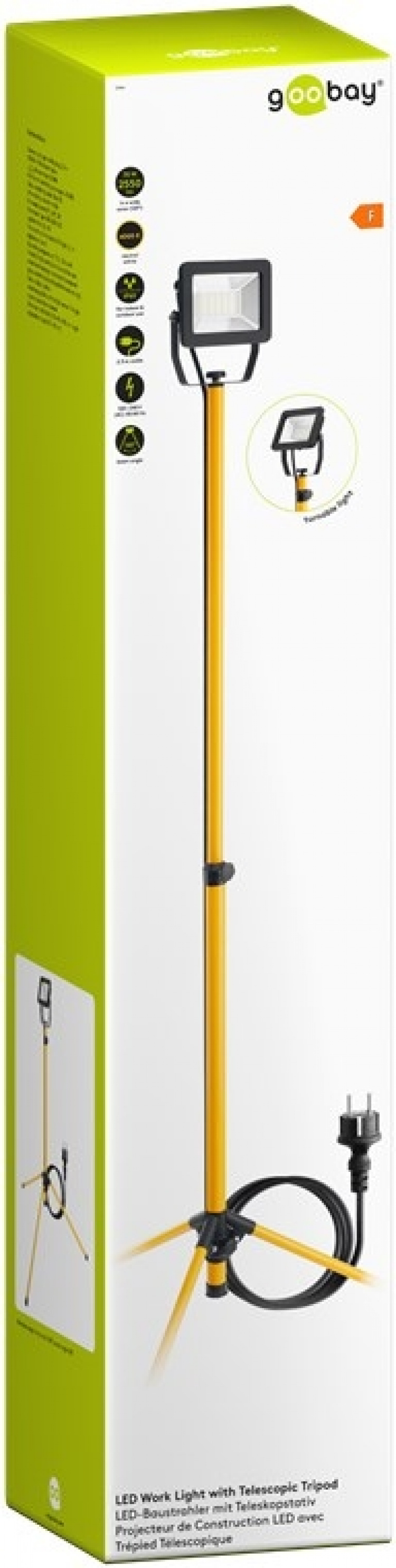 Goobay LED-konstruksjonslyskaster med teleskopstativ, 30 W med 2550 lm og nøytralhvitt lys (4000 K), egnet for innendørs og utendørs bruk (IP65)