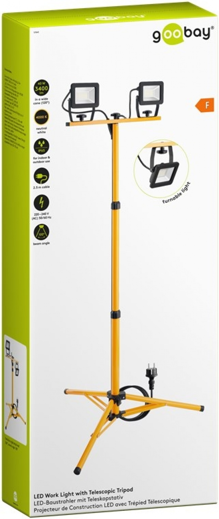 Goobay LED-konstruksjonslyskaster med teleskopstativ, 2x 20 W med totalt 3400 lm og nøytralhvitt lys (4000 K), egnet for innendørs og utendørs bruk (IP65)