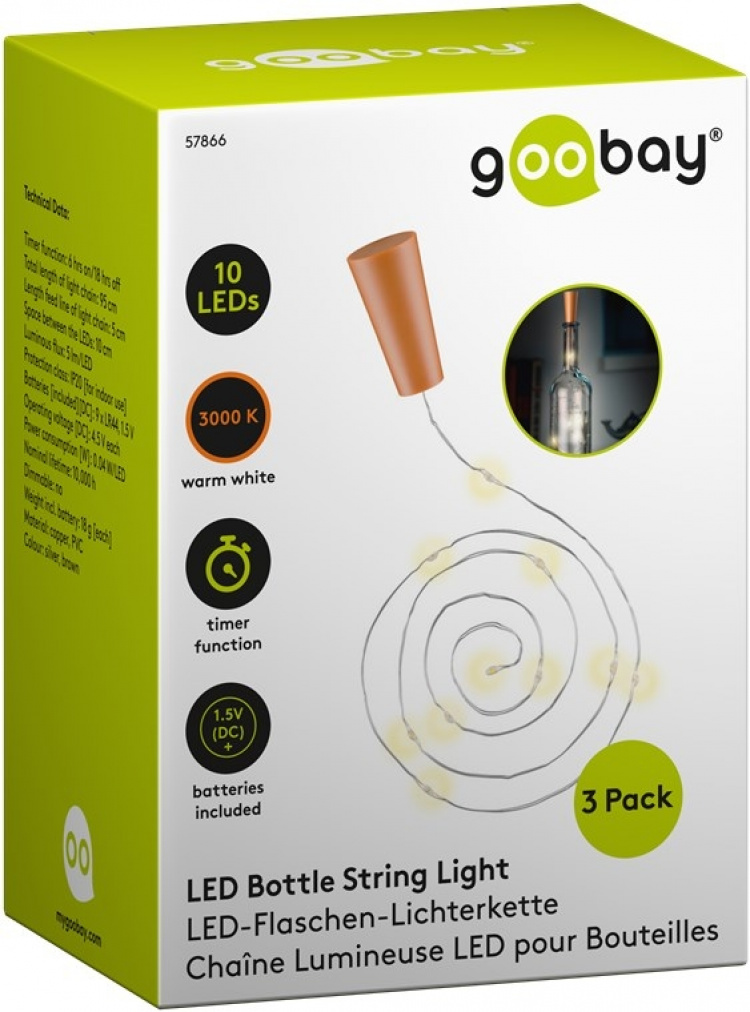 Goobay 3x 10 LED-flaskelys, inkl. timer stemningsfull lysdekorasjon for glassflasker