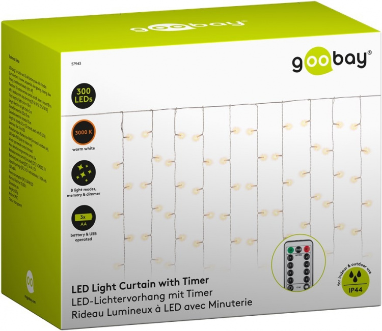 Goobay 300 LED-ljusridåer med fjärrkontroll, timerfunktion, 8 ljuslägen, dimmer, USB- och batteridrift, varmvitt (3000 K)