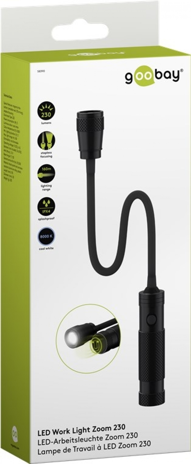 Goobay Zoom 230 LED-arbeidslampe med 230 lm og kjølig hvitt lys (8000 K), perfekt for arbeid, fritid og i bilen