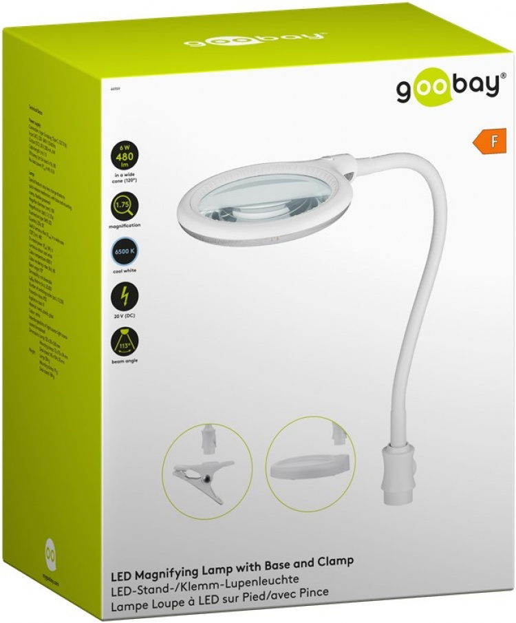 Goobay LED-forstørrelseslampe med stativ/klips, 6 W, hvit 480 lm, 100 mm glasslinse, 1,75x forstørrelse, 3 dioptrier