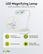 Goobay LED-forstørrelseslampe med stativ/klips, 6 W, hvit 480 lm, 100 mm glasslinse, 1,75x forstørrelse, 3 dioptrier