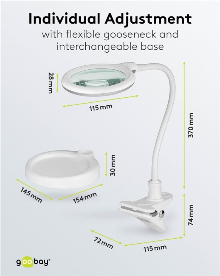 Goobay LED-forstørrelseslampe med stativ/klips, 6 W, hvit 480 lm, 100 mm glasslinse, 1,75x forstørrelse, 3 dioptrier