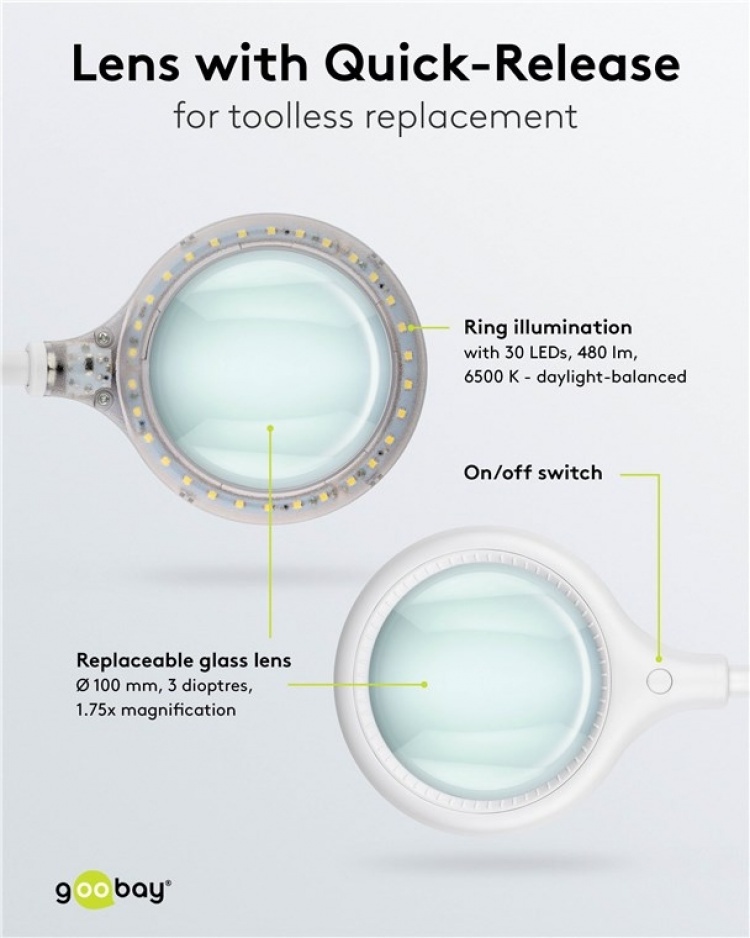 Goobay LED-forstørrelseslampe med stativ/klips, 6 W, hvit 480 lm, 100 mm glasslinse, 1,75x forstørrelse, 3 dioptrier