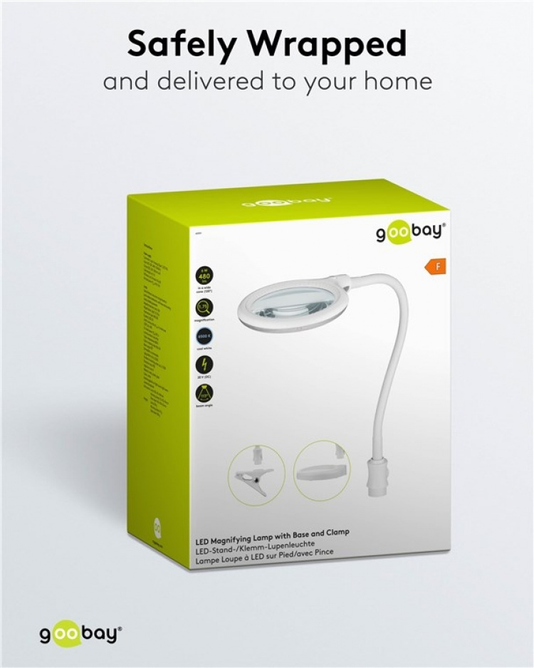 Goobay LED-forstørrelseslampe med stativ/klips, 6 W, hvit 480 lm, 100 mm glasslinse, 1,75x forstørrelse, 3 dioptrier