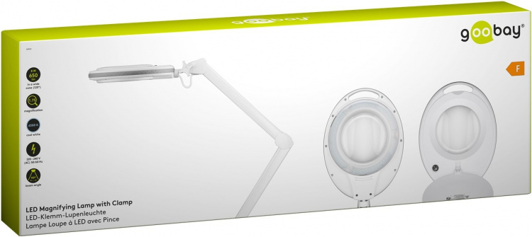 Goobay LED-forstørrelseslampe med klips, 8 W, hvit 650 lm, 127 mm krystallglasslinse, 1,75x forstørrelse, 3 dioptrier