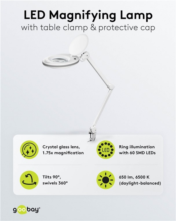 Goobay LED-forstørrelseslampe med klips, 8 W, hvit 650 lm, 127 mm krystallglasslinse, 1,75x forstørrelse, 3 dioptrier