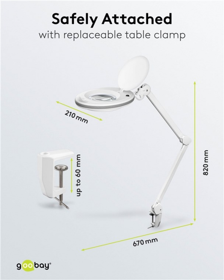 Goobay LED-forstørrelseslampe med klips, 8 W, hvit 650 lm, 127 mm krystallglasslinse, 1,75x forstørrelse, 3 dioptrier