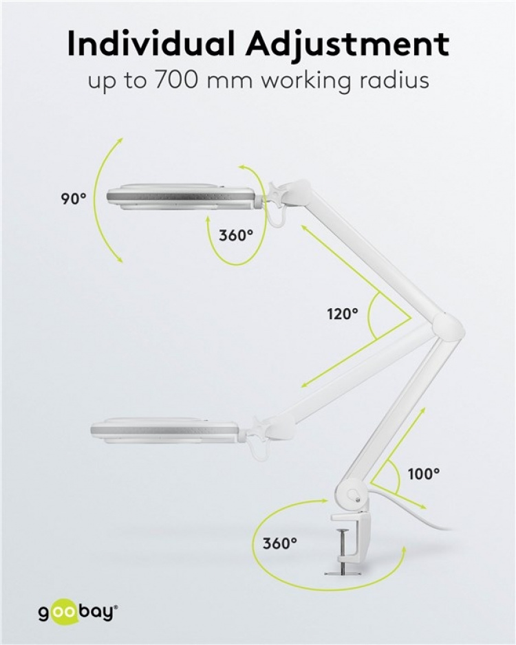 Goobay LED-forstørrelseslampe med klips, 8 W, hvit 650 lm, 127 mm krystallglasslinse, 1,75x forstørrelse, 3 dioptrier
