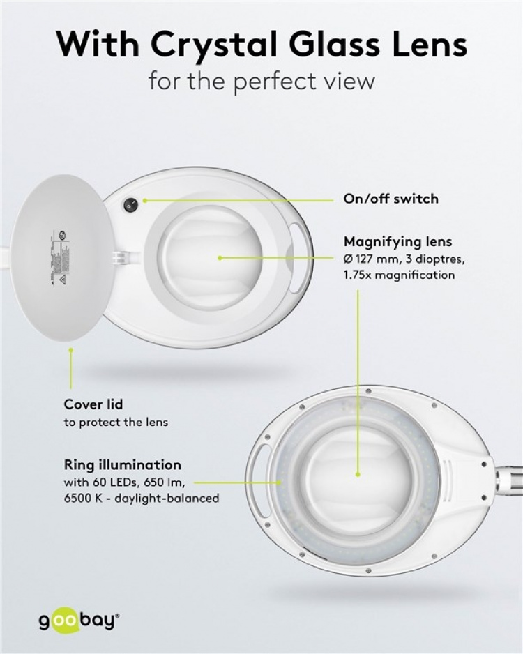 Goobay LED-forstørrelseslampe med klips, 8 W, hvit 650 lm, 127 mm krystallglasslinse, 1,75x forstørrelse, 3 dioptrier