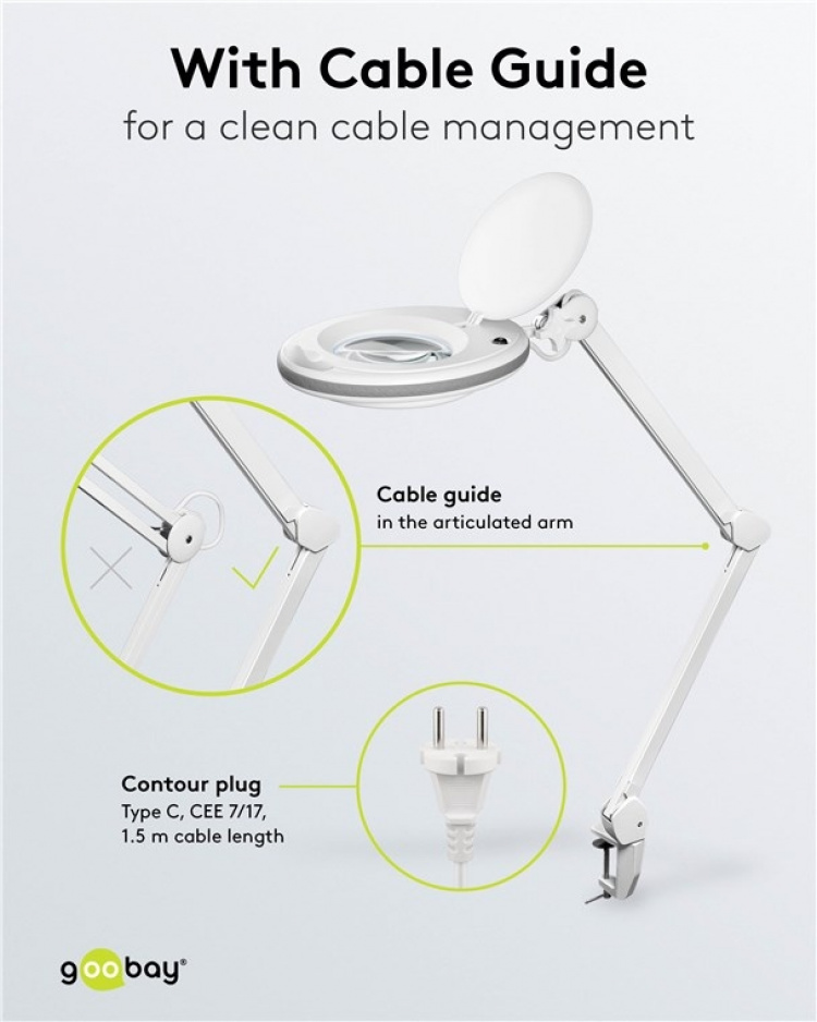Goobay LED-forstørrelseslampe med klips, 8 W, hvit 650 lm, 127 mm krystallglasslinse, 1,75x forstørrelse, 3 dioptrier