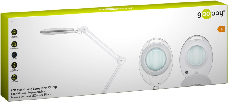 Goobay LED-forstørrelseslampe med klips, 8 W, hvit 650 lm, 127 mm glasslinse, 1,75x forstørrelse, 3 dioptrier