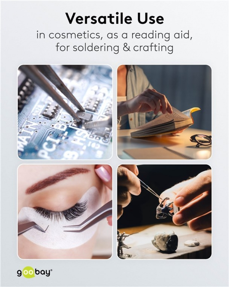 Goobay LED-forstørrelseslampe med klips, 8 W, hvit 650 lm, 127 mm glasslinse, 1,75x forstørrelse, 3 dioptrier