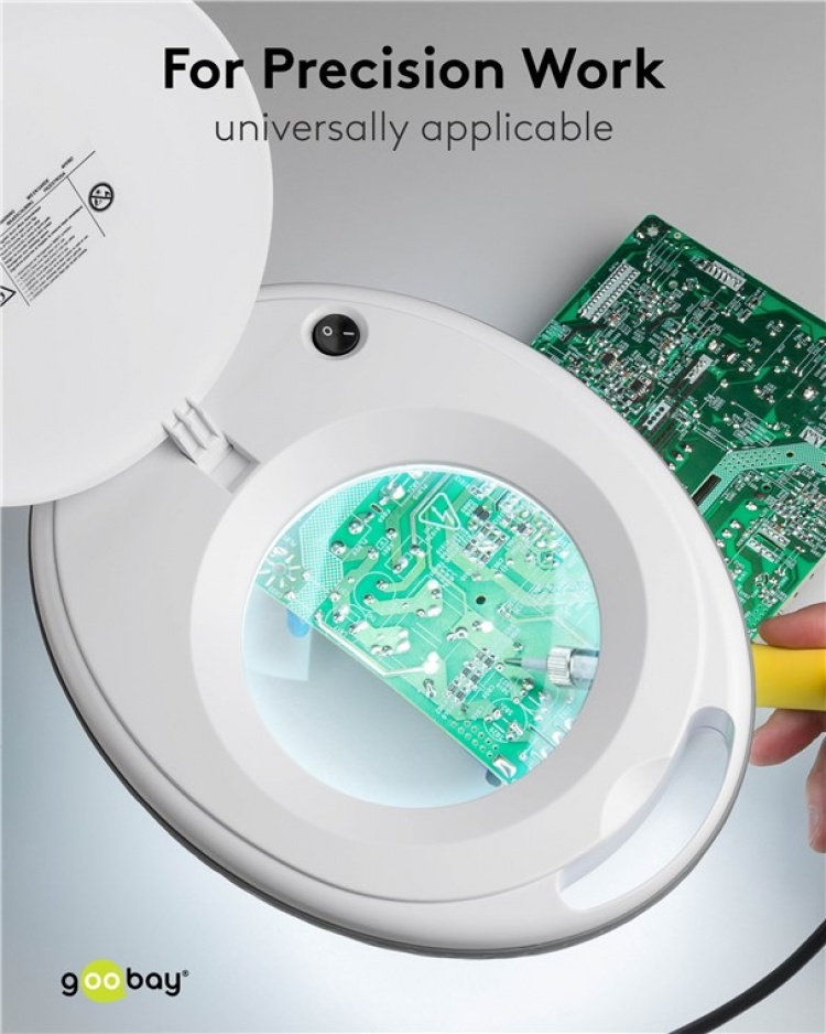 Goobay LED-forstørrelseslampe med klips, 8 W, hvit 650 lm, 127 mm glasslinse, 1,75x forstørrelse, 3 dioptrier