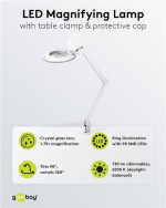 Goobay LED-forstørrelseslampe med klips, 9 W, hvit 80-730 lm, dimbar, 127 mm krystallglasslinse, 1,75x forstørrelse, 3 dioptrier