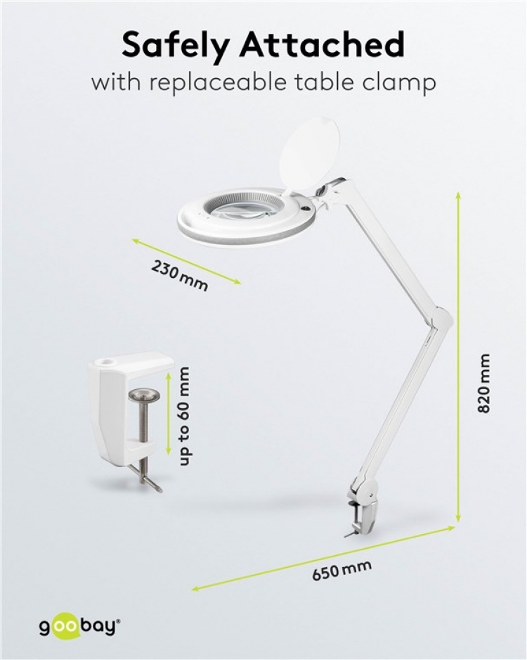 Goobay LED-forstørrelseslampe med klips, 9 W, hvit 80-730 lm, dimbar, 127 mm krystallglasslinse, 1,75x forstørrelse, 3 dioptrier