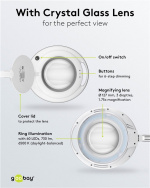 Goobay LED-forstørrelseslampe med klips, 9 W, hvit 80-730 lm, dimbar, 127 mm krystallglasslinse, 1,75x forstørrelse, 3 dioptrier