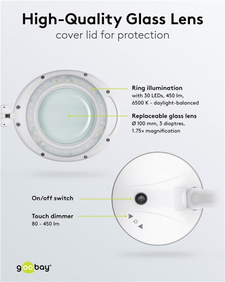 Goobay LED-forstørrelseslampe med stativ, 6 W, hvit 80-450 lm, dimbar, 100 mm glasslinse, 1,75x forstørrelse, 3 dioptrier