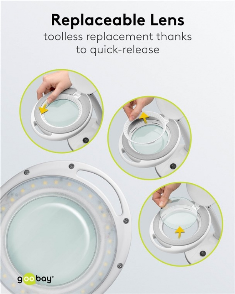 Goobay LED-forstørrelseslampe med stativ, 6 W, hvit 80-450 lm, dimbar, 100 mm glasslinse, 1,75x forstørrelse, 3 dioptrier