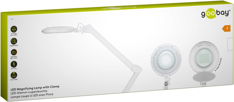 Goobay LED-forstørrelseslampe med klips, 10 W, hvit 800 lm, justerbar lysstyrke og lysfarge, 127 mm glasslinse, 1,75x forstørrelse, 3 dioptrier