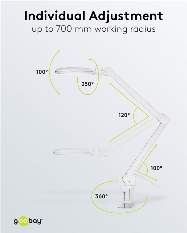 Goobay LED-forstørrelseslampe med klips, 10 W, hvit 800 lm, justerbar lysstyrke og lysfarge, 127 mm glasslinse, 1,75x forstørrelse, 3 dioptrier