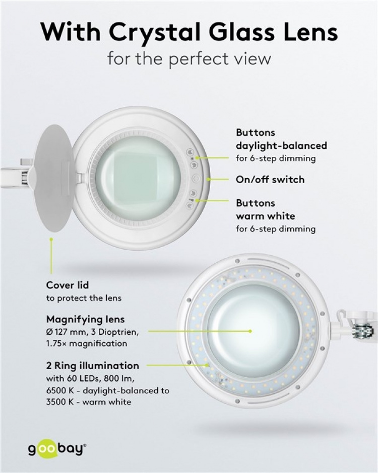 Goobay LED-forstørrelseslampe med klips, 10 W, hvit 800 lm, justerbar lysstyrke og lysfarge, 127 mm glasslinse, 1,75x forstørrelse, 3 dioptrier