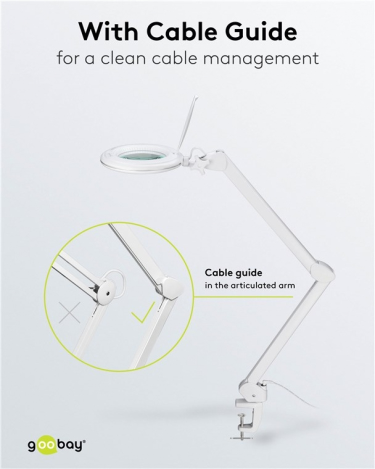 Goobay LED-forstørrelseslampe med klips, 10 W, hvit 800 lm, justerbar lysstyrke og lysfarge, 127 mm glasslinse, 1,75x forstørrelse, 3 dioptrier