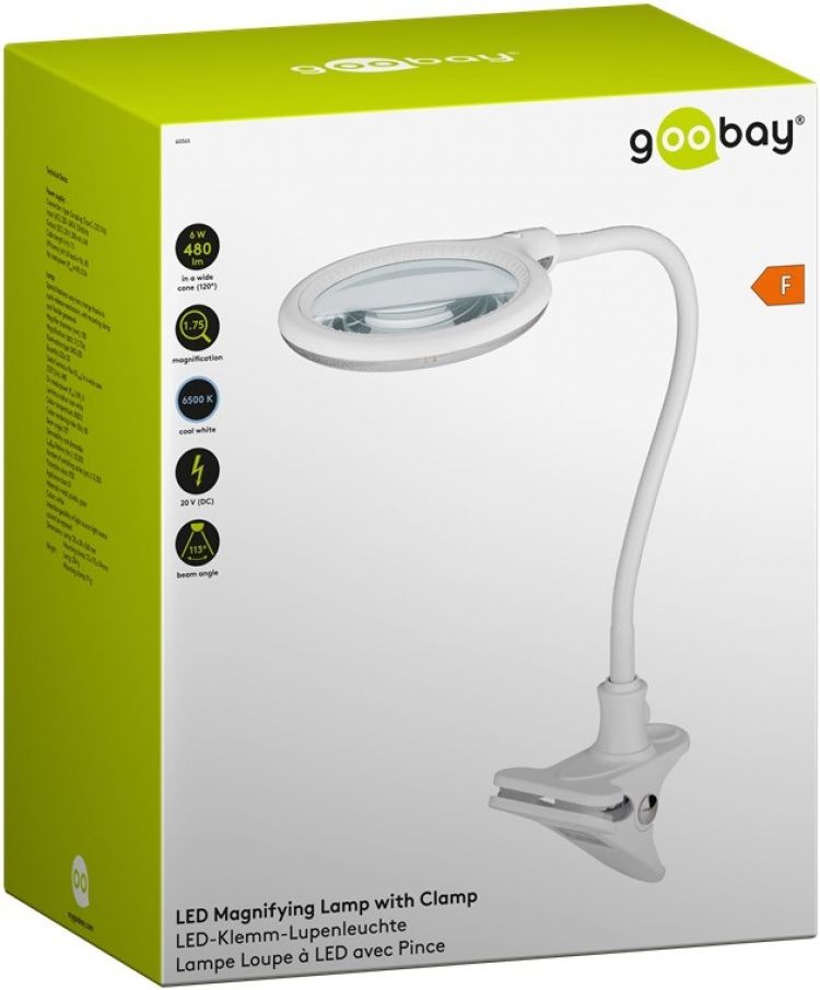 Goobay LED-forstørrelseslampe med klips, 6 W, hvit 480 lm, 100 mm glasslinse, 1,75x forstørrelse, 3 dioptrier Goobay LED-forstørrelseslampe med klips, 6 W, hvit 480 lm, 100 mm glasslinse, 1,75x forstørrelse, 3 dioptrier