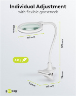 Goobay LED-forstørrelseslampe med klips, 6 W, hvit 480 lm, 100 mm glasslinse, 1,75x forstørrelse, 3 dioptrier Goobay LED-forstørrelseslampe med klips, 6 W, hvit 480 lm, 100 mm glasslinse, 1,75x forstørrelse, 3 dioptrier
