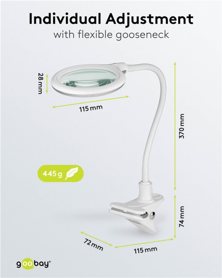 Goobay LED-forstørrelseslampe med klips, 6 W, hvit 480 lm, 100 mm glasslinse, 1,75x forstørrelse, 3 dioptrier Goobay LED-forstørrelseslampe med klips, 6 W, hvit 480 lm, 100 mm glasslinse, 1,75x forstørrelse, 3 dioptrier