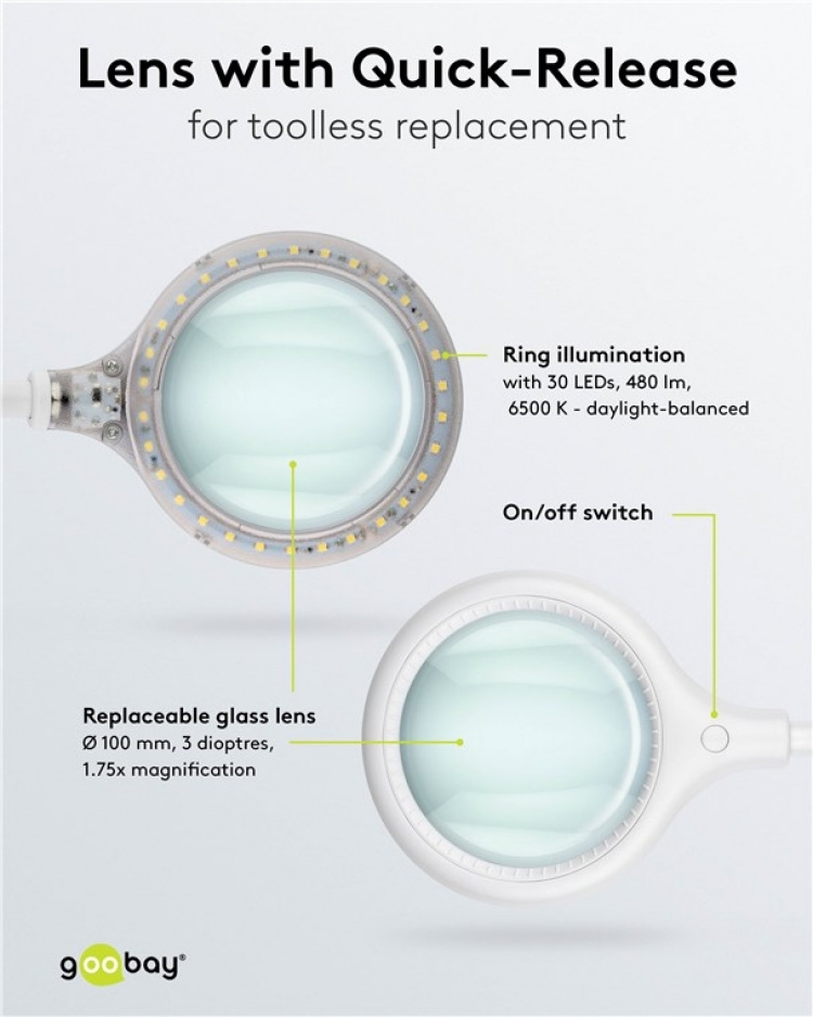 Goobay LED-forstørrelseslampe med klips, 6 W, hvit 480 lm, 100 mm glasslinse, 1,75x forstørrelse, 3 dioptrier Goobay LED-forstørrelseslampe med klips, 6 W, hvit 480 lm, 100 mm glasslinse, 1,75x forstørrelse, 3 dioptrier