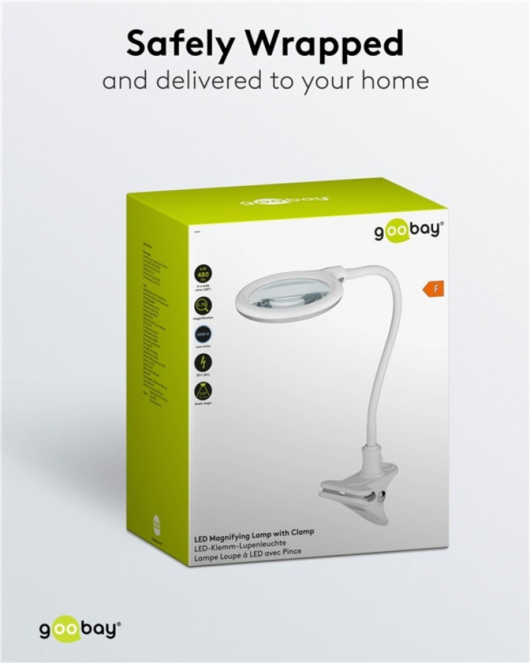 Goobay LED-forstørrelseslampe med klips, 6 W, hvit 480 lm, 100 mm glasslinse, 1,75x forstørrelse, 3 dioptrier Goobay LED-forstørrelseslampe med klips, 6 W, hvit 480 lm, 100 mm glasslinse, 1,75x forstørrelse, 3 dioptrier