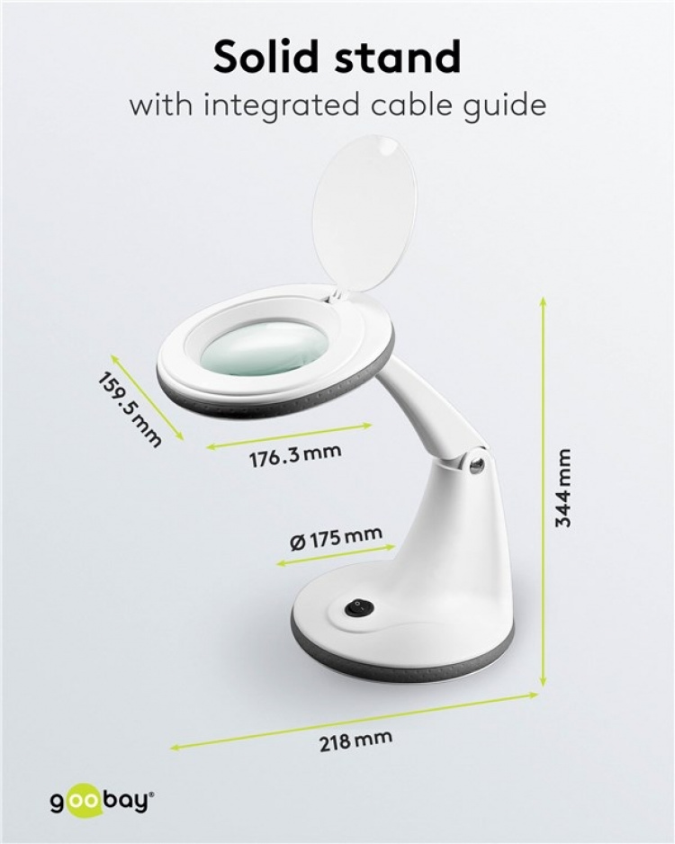 Goobay LED-forstørrelseslampe med stativ, 6 W, hvit 450 lm, 100 mm glasslinse, 1,75x forstørrelse, 3 dioptrier Goobay LED-forstørrelseslampe med stativ, 6 W, hvit 450 lm, 100 mm glasslinse, 1,75x forstørrelse, 3 dioptrier