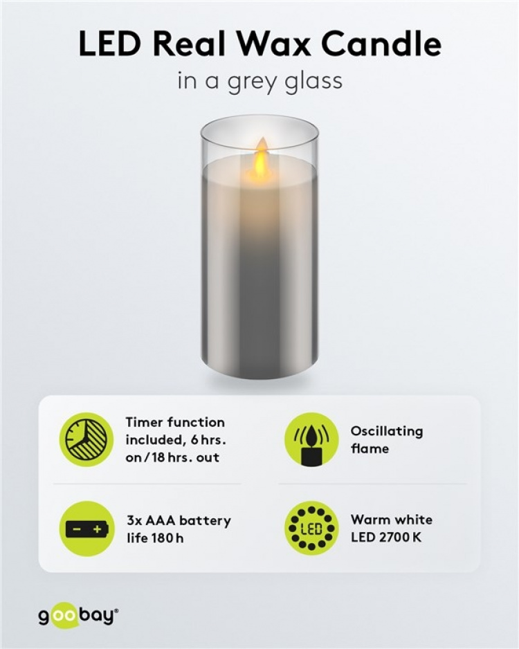 Goobay LED ekte vokslys i glass, 7,5 x 15 cm fantastisk og trygg belysningsløsning for mange områder som hus og loggiaer, kontorer eller skoler Goobay LED ekte vokslys i glass, 7,5 x 15 cm fantastisk og trygg belysningsløsning for mange områder som hus og loggiaer, kontorer eller skoler