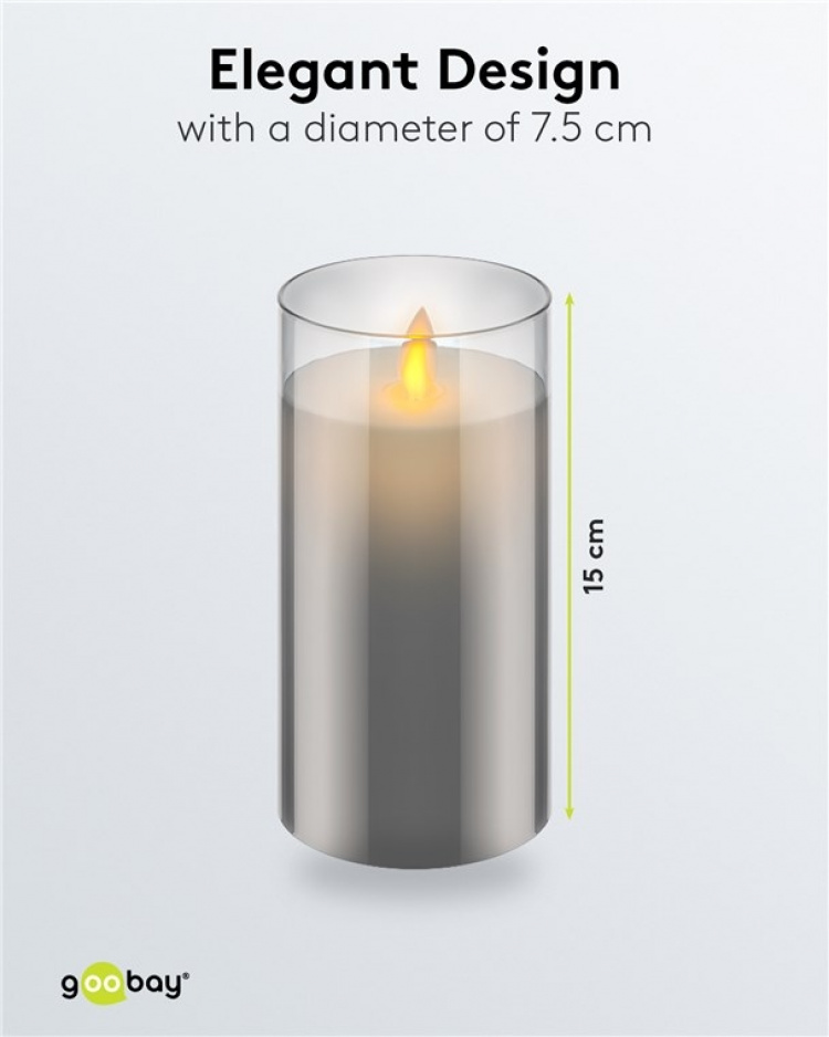 Goobay LED ekte vokslys i glass, 7,5 x 15 cm fantastisk og trygg belysningsløsning for mange områder som hus og loggiaer, kontorer eller skoler Goobay LED ekte vokslys i glass, 7,5 x 15 cm fantastisk og trygg belysningsløsning for mange områder som hus og loggiaer, kontorer eller skoler