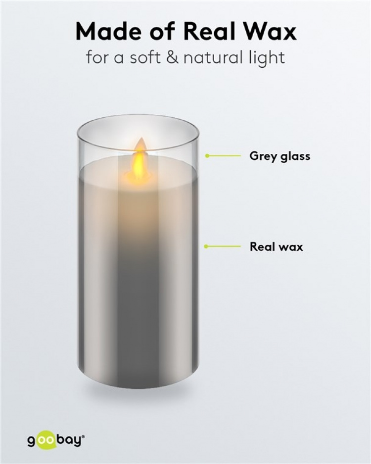 Goobay LED ekte vokslys i glass, 7,5 x 15 cm fantastisk og trygg belysningsløsning for mange områder som hus og loggiaer, kontorer eller skoler Goobay LED ekte vokslys i glass, 7,5 x 15 cm fantastisk og trygg belysningsløsning for mange områder som hus og loggiaer, kontorer eller skoler