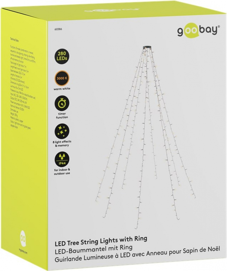 Goobay 280 LED overcast juletrebelysning med ring med timer og minnefunksjon, 8 lysmodi, 24 V ekstern transformator, varmhvit (3000 K), for innendørs og utendørs bruk (IP44)