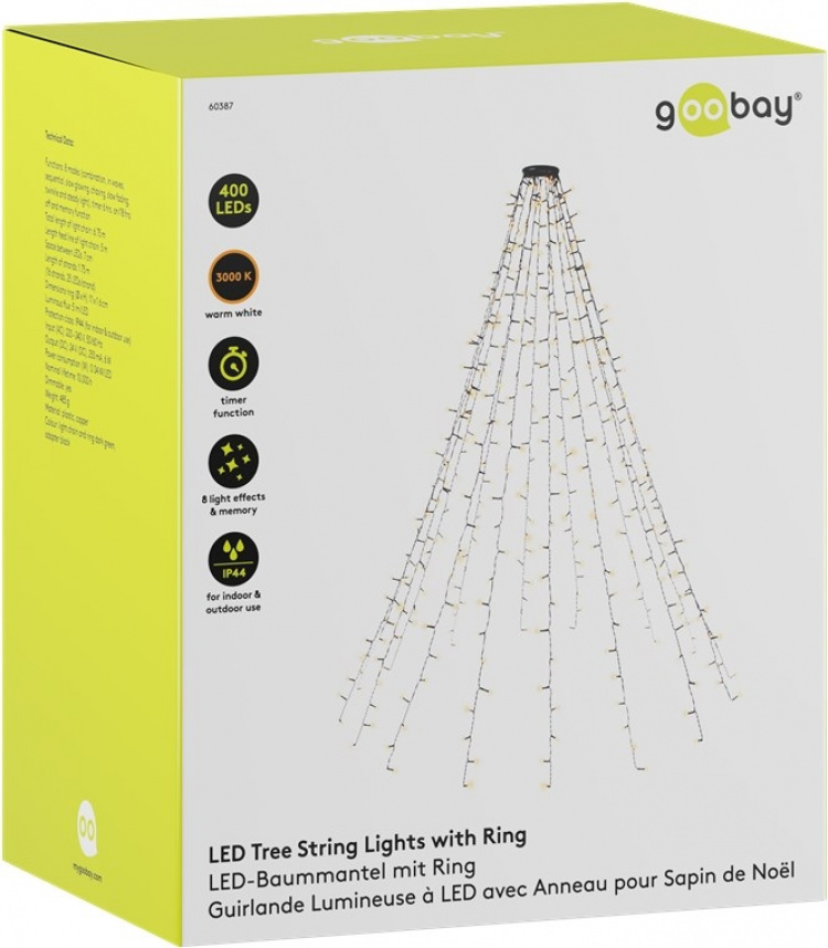 Goobay 400 LED juletrebelysning med ring, timer og minnefunksjon, 8 lysmoduser, 24 V ekstern transformator, varmhvit (3000 K), for innendørs og utendørs bruk (IP44)