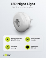 Goobay LED-nattlampe for stikkontakt med 3 driftsmoduser (På, Av, Auto), skumringssensor og stikkontakt med jording (type F)