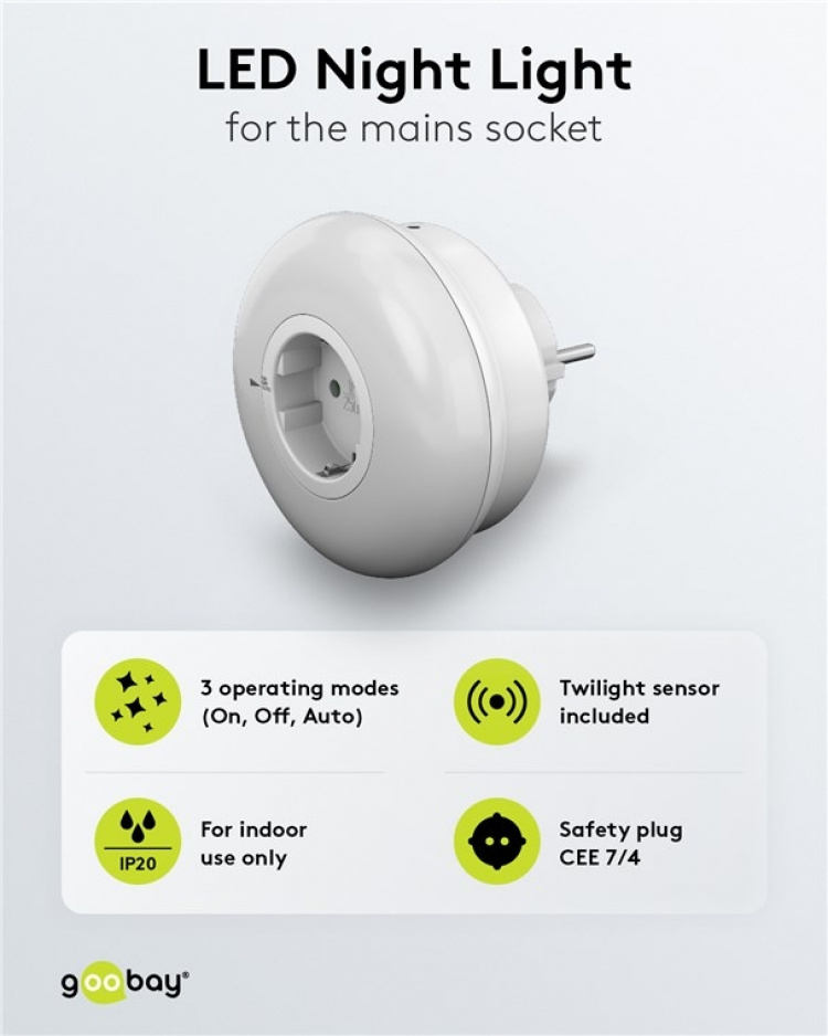Goobay LED-nattlampe for stikkontakt med 3 driftsmoduser (På, Av, Auto), skumringssensor og stikkontakt med jording (type F) Goobay LED-nattlampe for stikkontakt med 3 driftsmoduser (På, Av, Auto), skumringssensor og stikkontakt med jording (type F)