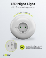 Goobay LED-nattlampe for stikkontakt med 3 driftsmoduser (På, Av, Auto), skumringssensor og stikkontakt med jording (type F)