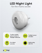 Goobay LED-nattlampe for stikkontakt med fargeskiftefunksjon (grønn, blå, dagslys hvit), skumringssensor og stikkontakt med jording (type F) Goobay LED-nattlampe for stikkontakt med fargeskiftefunksjon (grønn, blå, dagslys hvit), skumringssensor og stikkontakt med jording (type F)