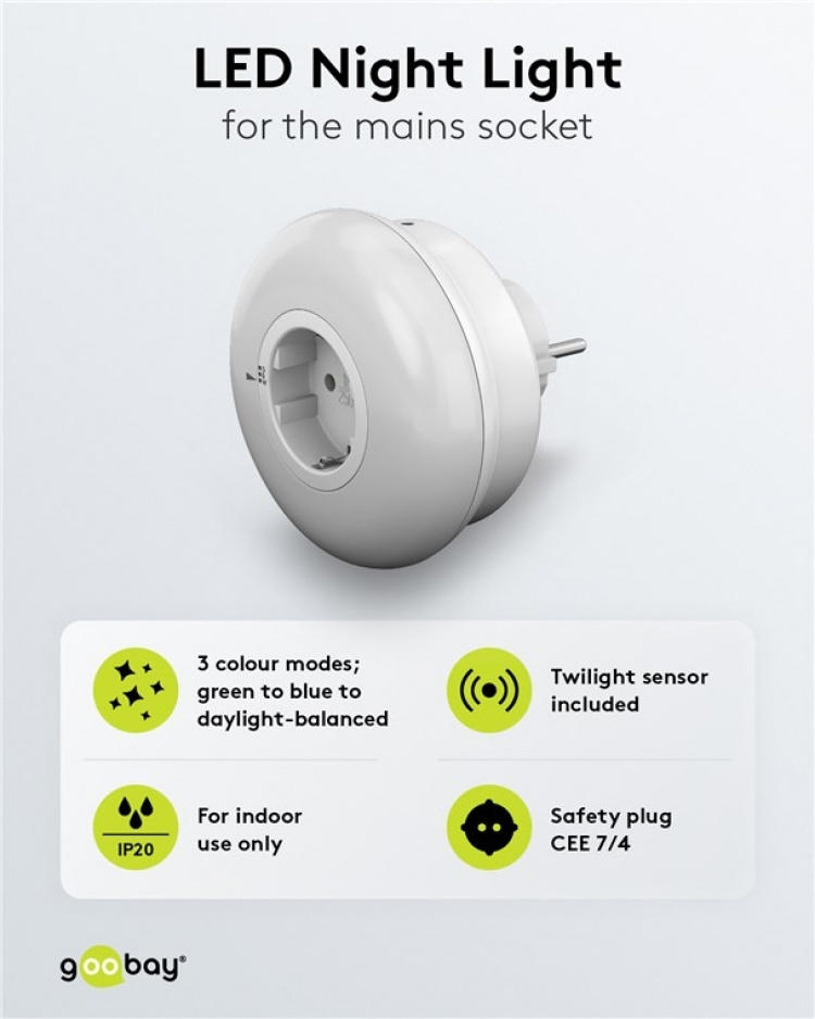 Goobay LED-nattlampe for stikkontakt med fargeskiftefunksjon (grønn, blå, dagslys hvit), skumringssensor og stikkontakt med jording (type F) Goobay LED-nattlampe for stikkontakt med fargeskiftefunksjon (grønn, blå, dagslys hvit), skumringssensor og stikkontakt med jording (type F)