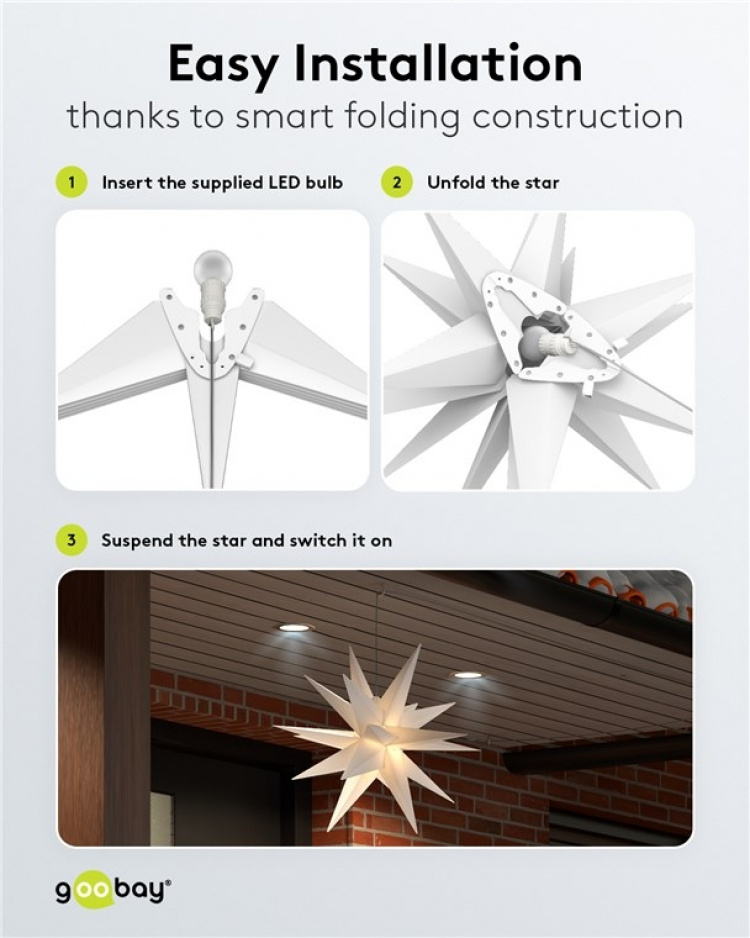 Goobay LED julestjerne 3D, Ø 56 cm, 4,5 V utendørs transformator med timer og 18 spisser, varmhvit (3000 K), værbestandig plast (IP44), kabel 9,5 m