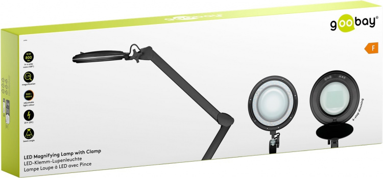 Goobay LED-forstørrelseslampe med klips, 10 W, svart 800 lm, justerbar lysstyrke og lysfarge, 127 mm glasslinse, 1,75x forstørrelse, 3 dioptrier