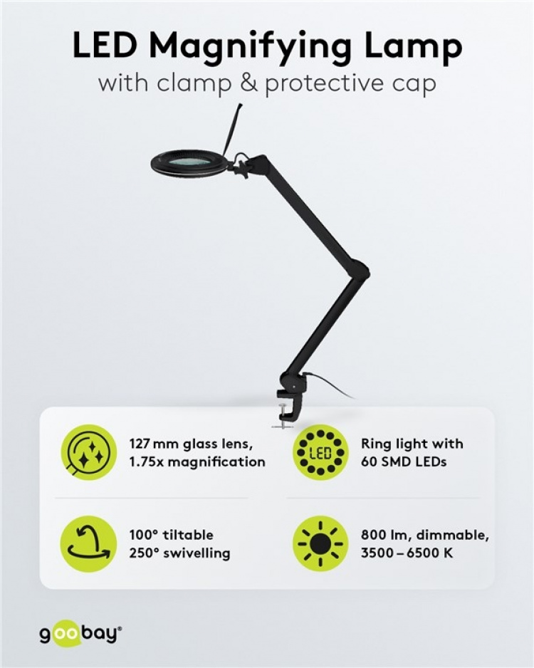 Goobay LED-forstørrelseslampe med klips, 10 W, svart 800 lm, justerbar lysstyrke og lysfarge, 127 mm glasslinse, 1,75x forstørrelse, 3 dioptrier