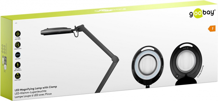 Goobay LED-forstørrelseslampe med klips, 9 W, svart 80-730 lm, dimbar, 127 mm krystallglasslinse, 1,75x forstørrelse, 3 dioptrier